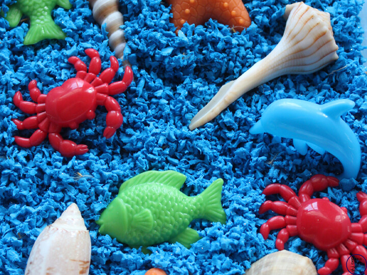 sensory bin with ocean themed figurines